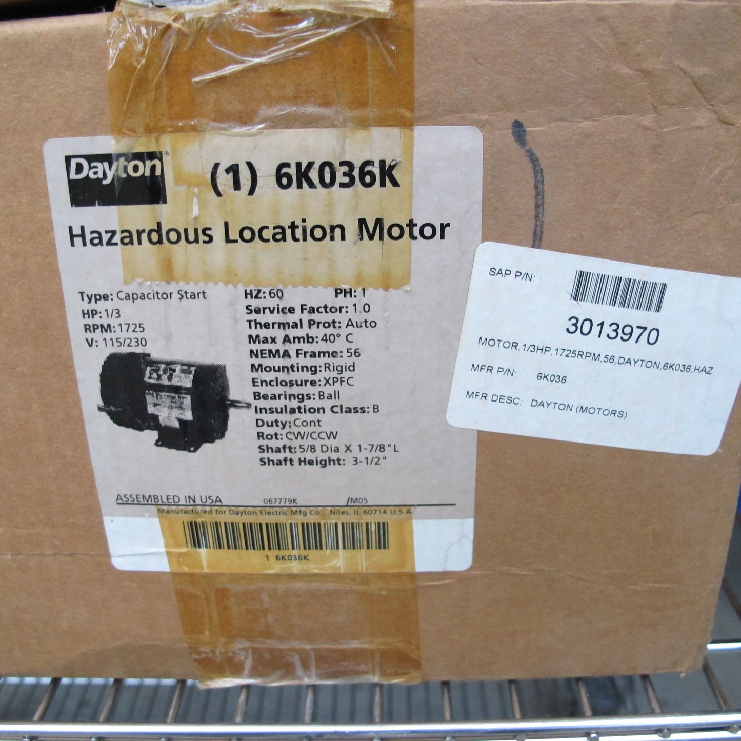 DAYTON Hazardous Location Motor, 1/3 HP, Nameplate RPM 1725, Voltage 115/230, 56 Frame