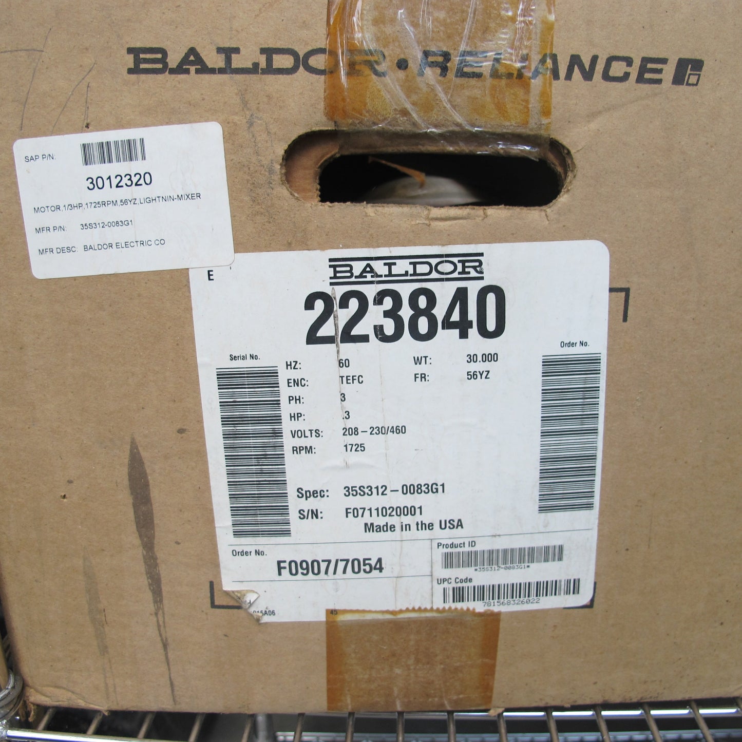 .33 HP BALDOR MOTOR 3 PH 1725 RPM, 208-480 VOLT 60 Hz FR 56C