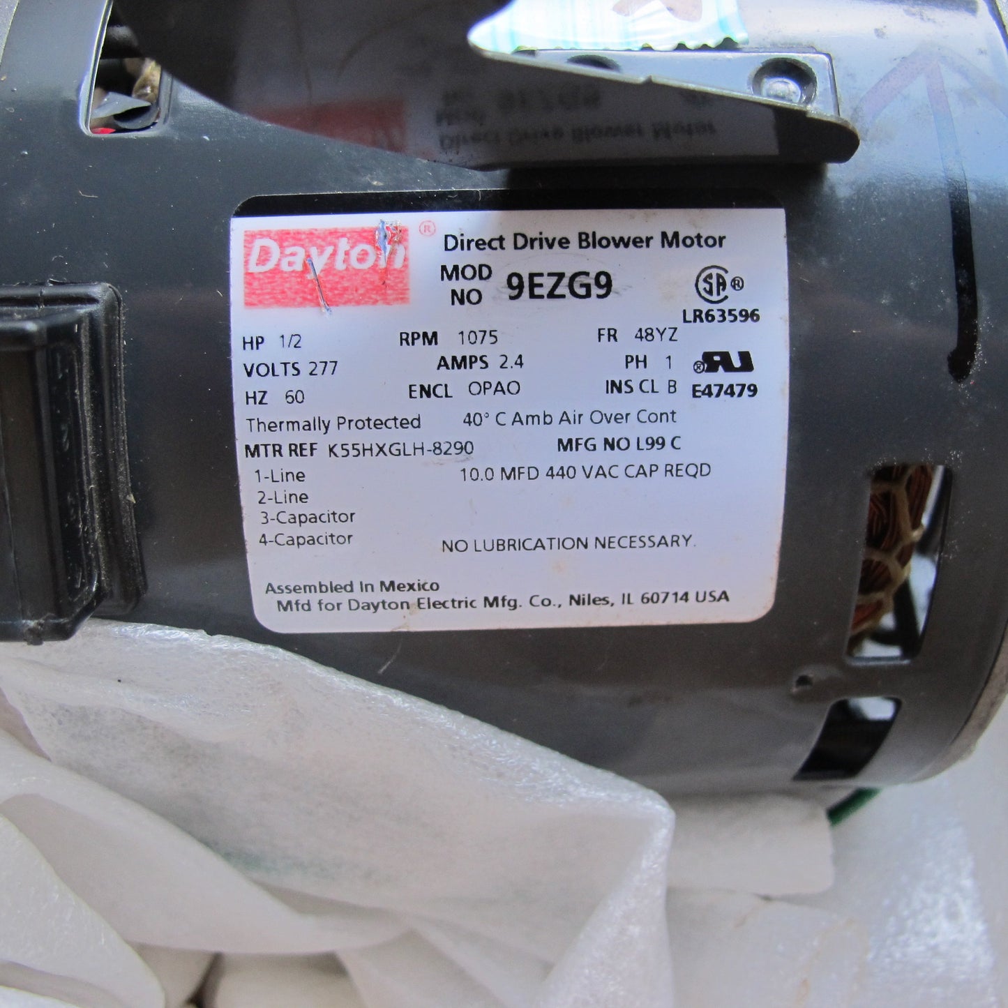 9EZG9 Dayton Direct Drive Blower Motor: 3 Speed, Open Air-Over, T-Flex Mount, 1/2 HP, 1,075 Nameplate RPM