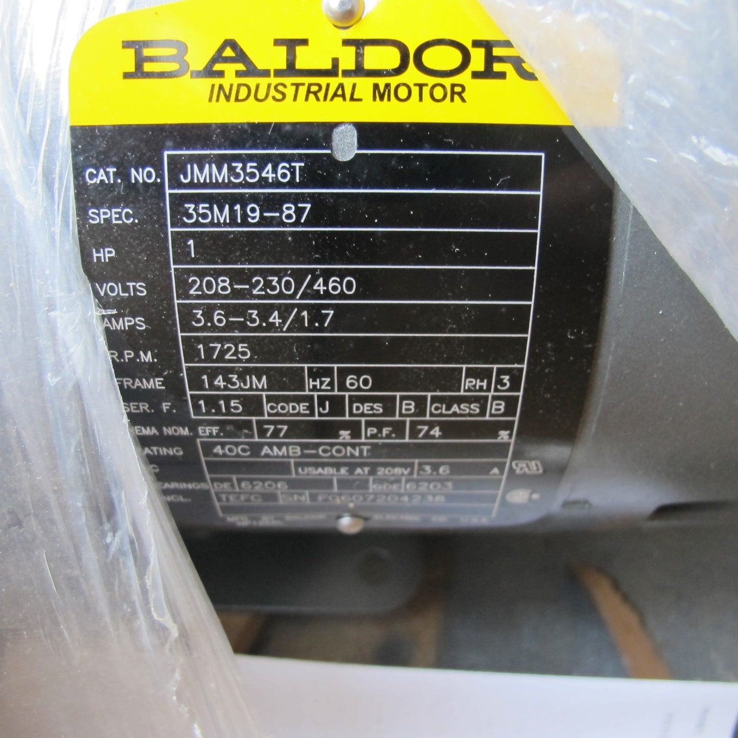 Baldor Industrial Motor JMM3546T 1HP, 1750RPM, 3PH, 60HZ, 143JM, 3516M, TEFC, F1