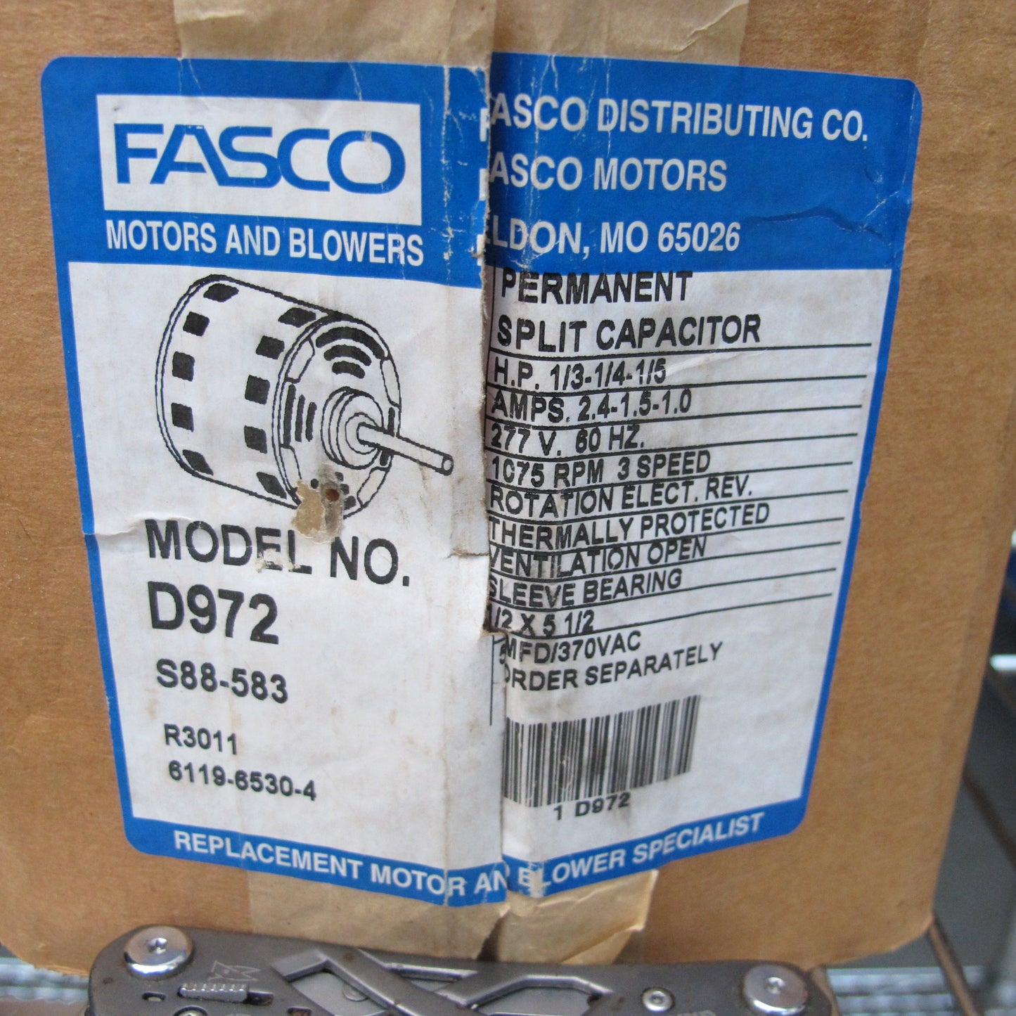 Fasco D972 3 Speed 1075 RPM Direct Drive Blower Motor, 1/3, 1/4, 1/5 HP (277V)
