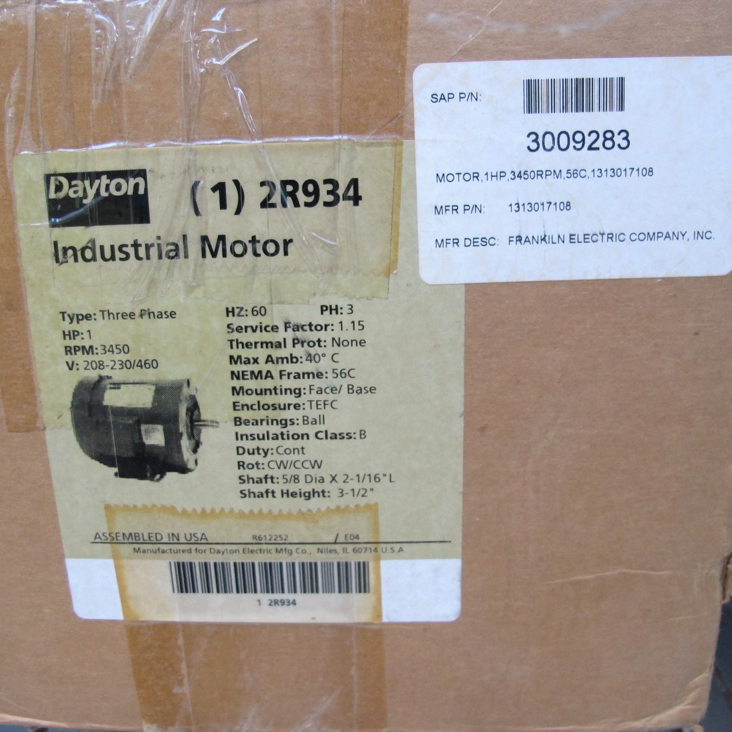 Dayton 2R934 1Hp Electric Motor 208-230/460V 3Ph 3450RPM 56C Frame