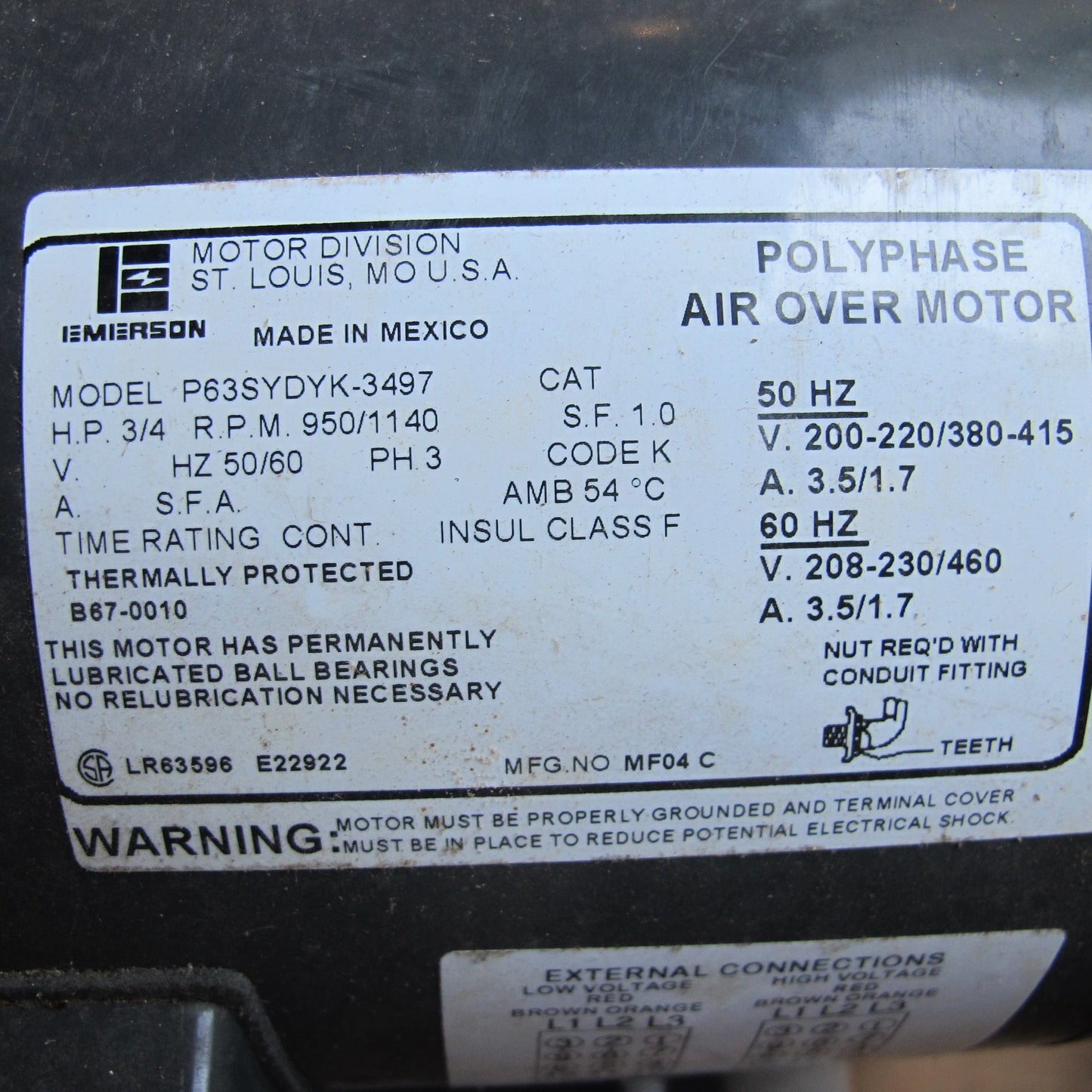 EMERSON P63SYDYK-3497 POLYPHASE AIR OVER MOTOR 3/4 HP 950/1140 RPM