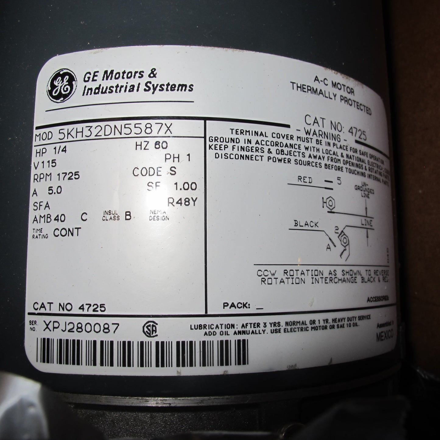General Electric Ge 5KH32DN5587X Ac Motor 48y 1ph 1/4hp 1725rpm 115v-ac
