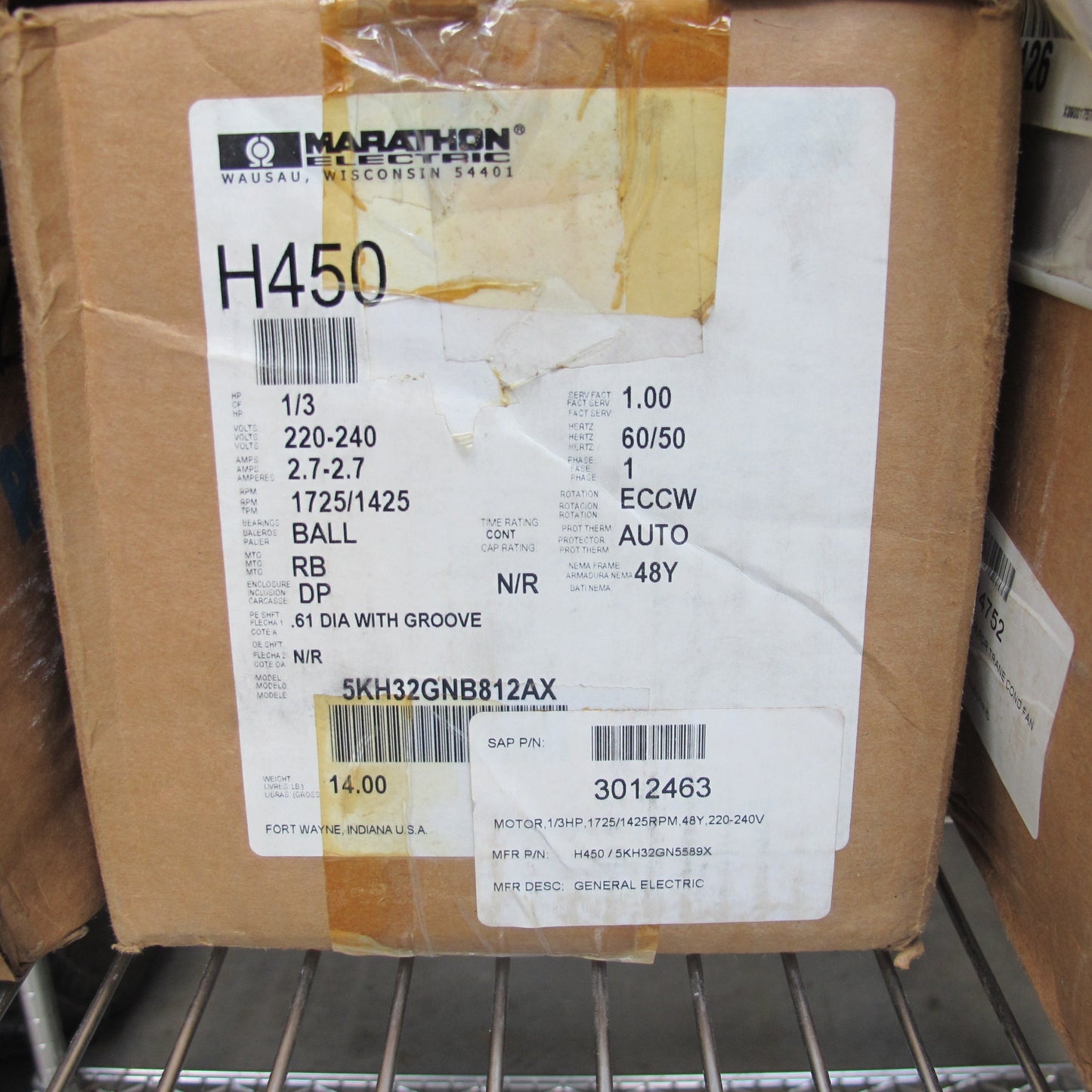 MARATHON ELECTRIC 5KH32GNB812AX General Purpose Motors - 1 ph, 0.33 hp, 1800 rpm, 220-240 V, 48 Frame, Drip Proof Enclosure, 60 Hz, Resilient Base Mount, 1725 rpm Base RP