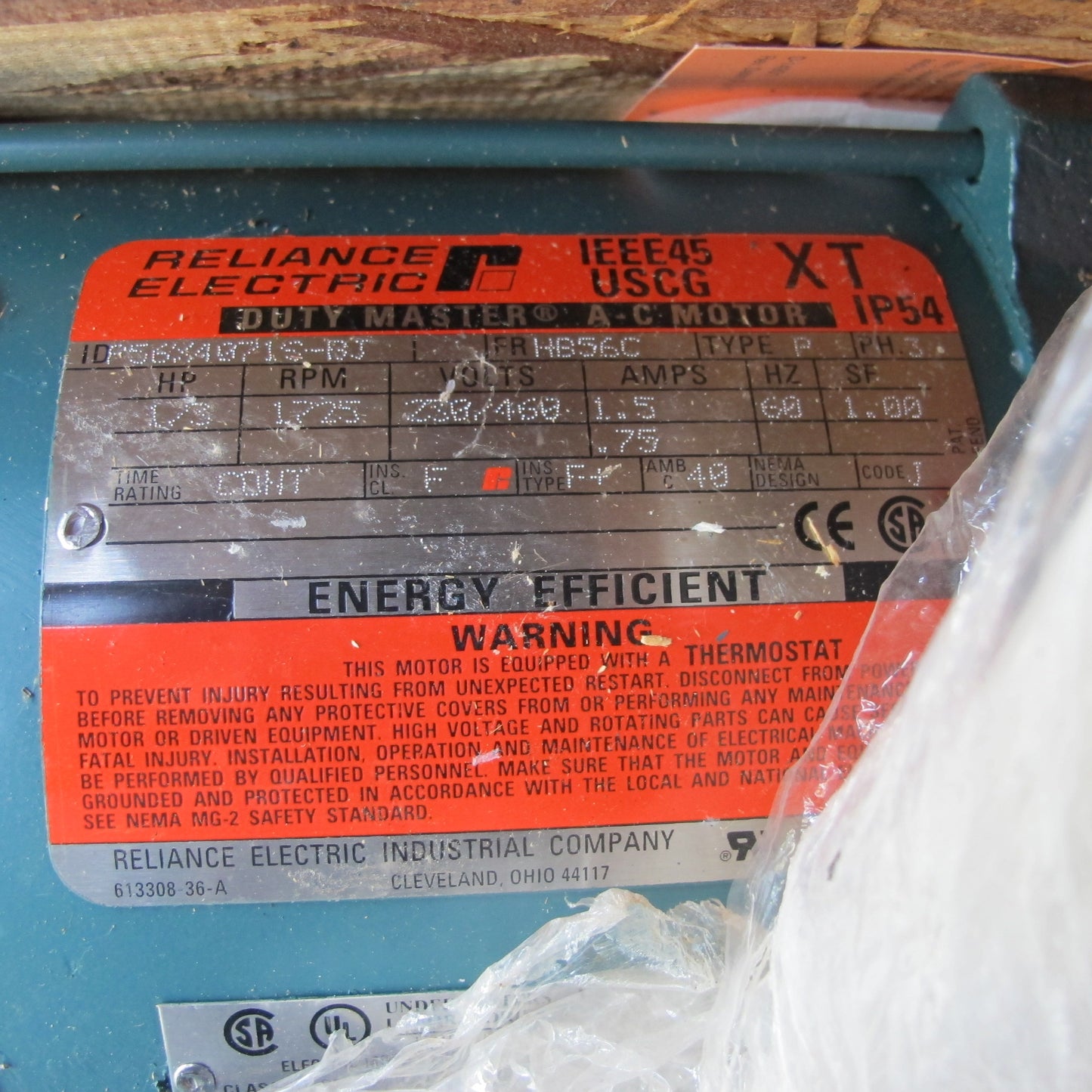 RELIANCE ELECTRIC IEEE45-USCG AC MOTOR 1/2 HP, XT IP54