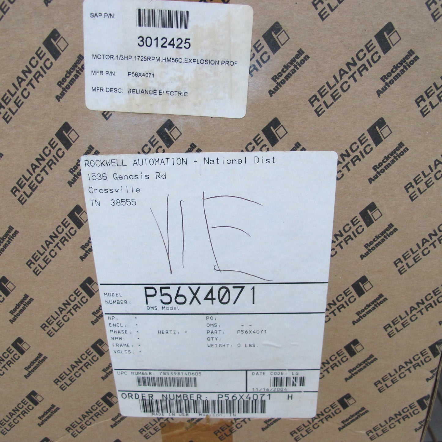 Reliance Electric P56X4071 1/3 Hp Frame Hb56C Motor