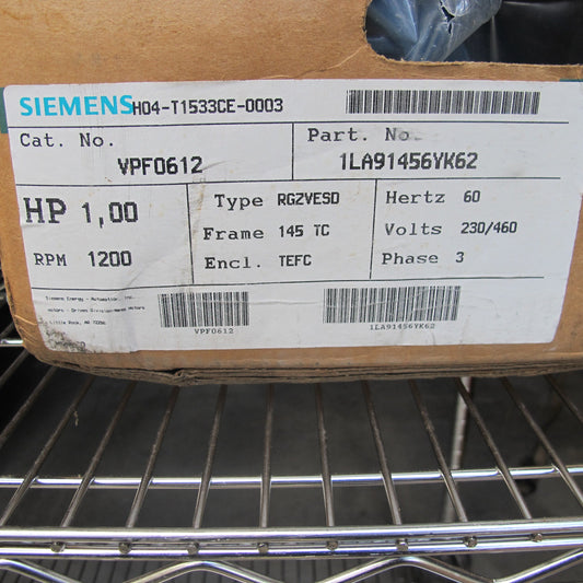 Siemens 1LA91456YK62 MOTOR AC 1HP 1200RPM 145TCV