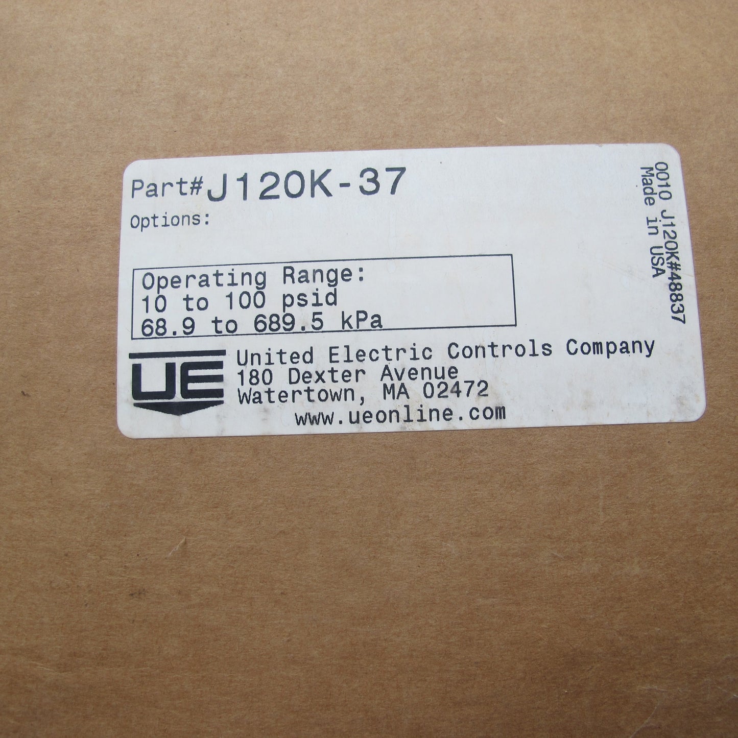UE J120K-37 Differential Pressure Switch 10 to 100 PSID